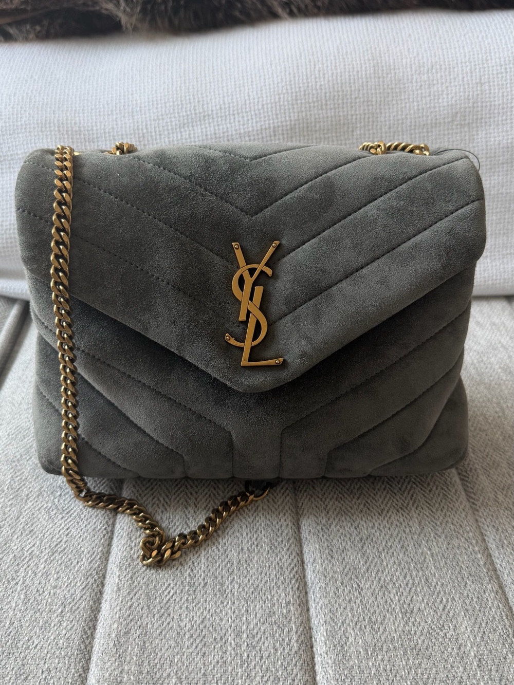 Yves Saint Laurent Grey Suede Quilted Crossbody with Gold Hardware